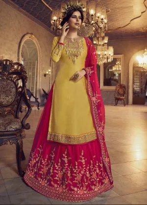 Yellow & Pink Lehenga/Pant Style Trendy Suit