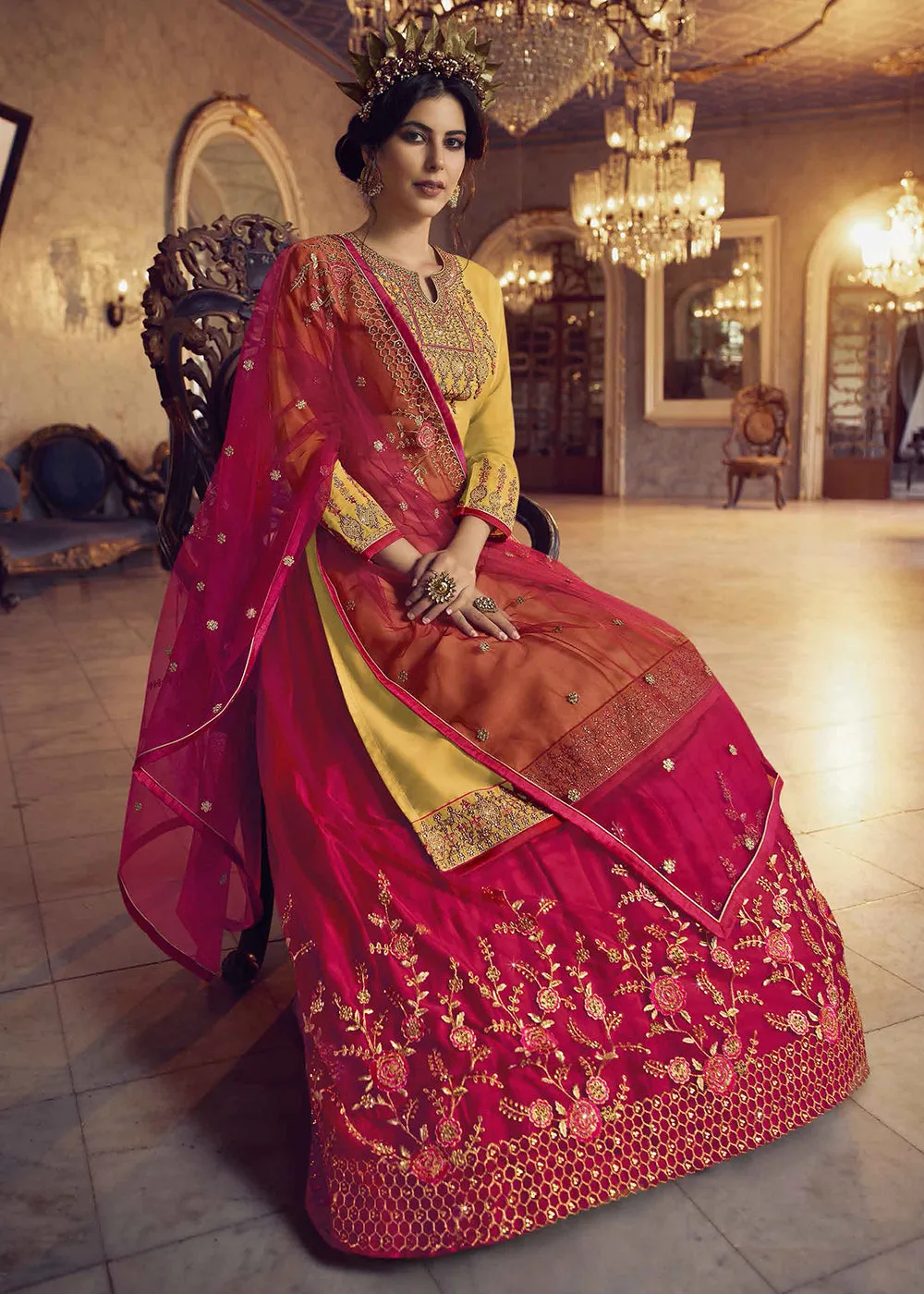 Yellow & Pink Lehenga/Pant Style Trendy Suit